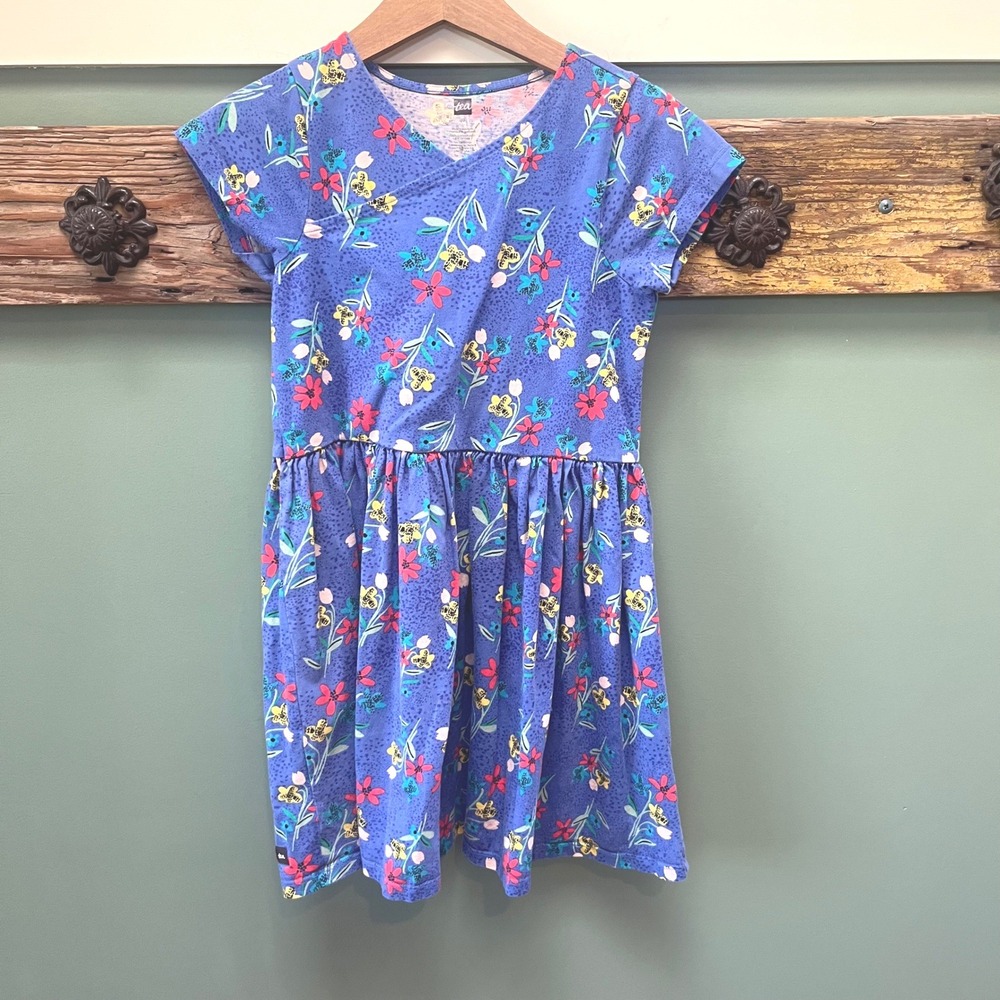 Tea Collection Girls Blue Floral Wrap Neck Short Sleeve Cotton Dress Size 10